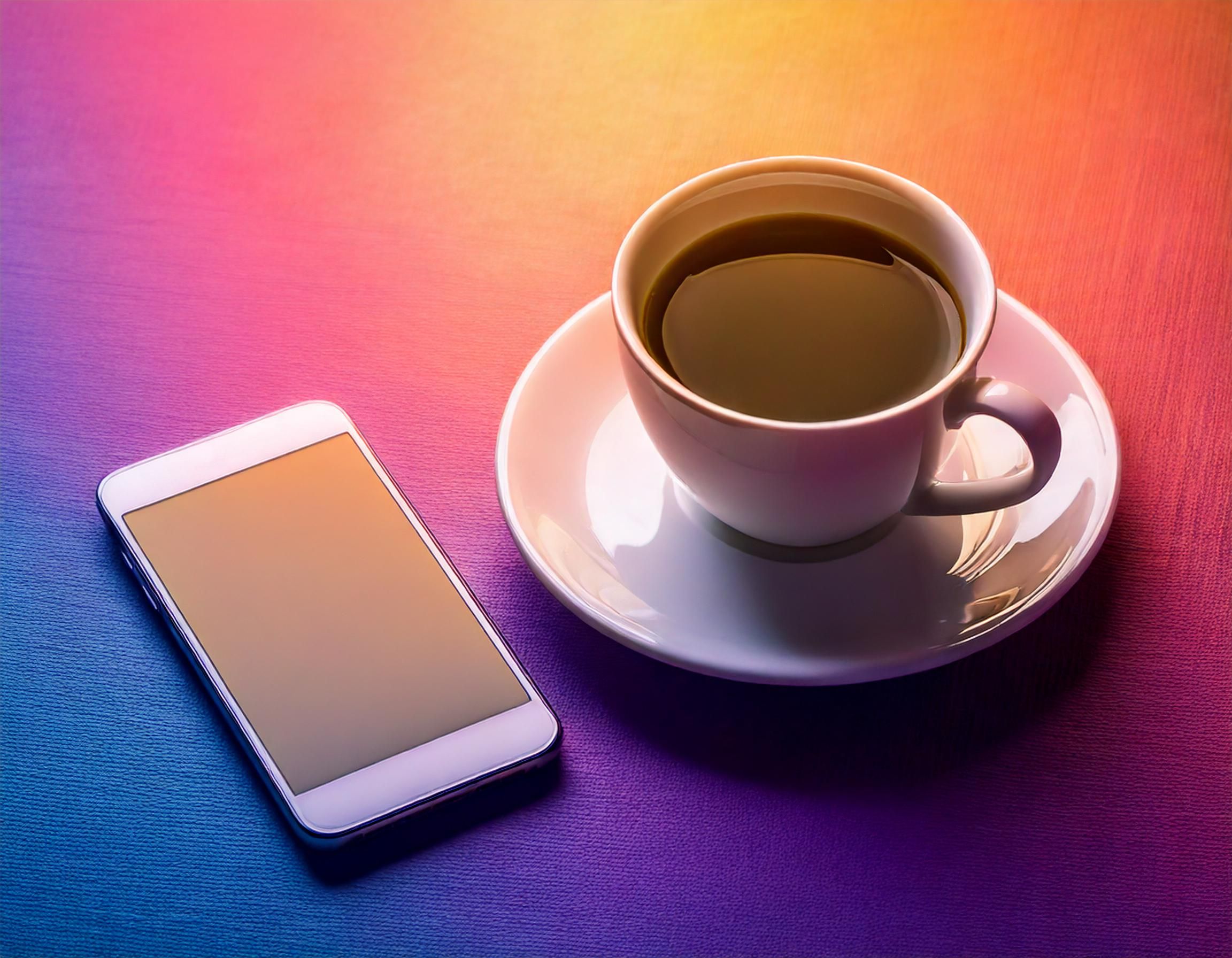 Firefly morning cup of coffee with phone beside it; tea time and relaxation mood... Background colou.jpg